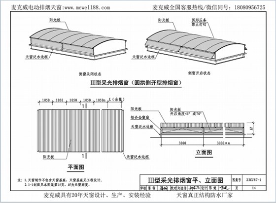 23CJ87-1采光、通風、消防排煙天窗（一）中III型側開式圓拱型電動采光排煙天窗