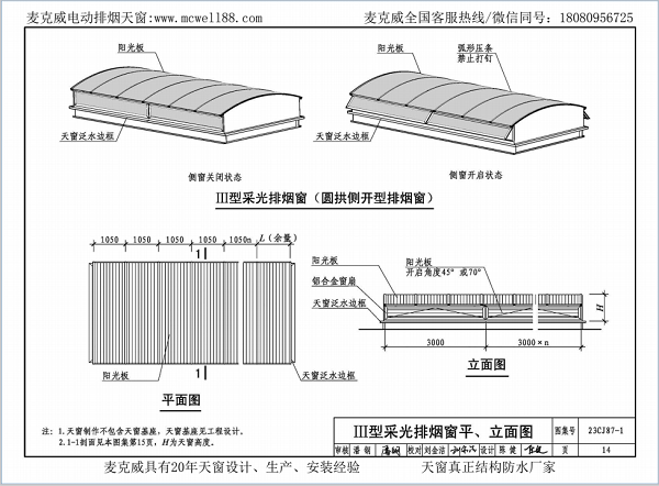 23CJ87-1采光、通風、消防排煙天窗（一）中III型側開式圓拱型電動采光排煙天窗